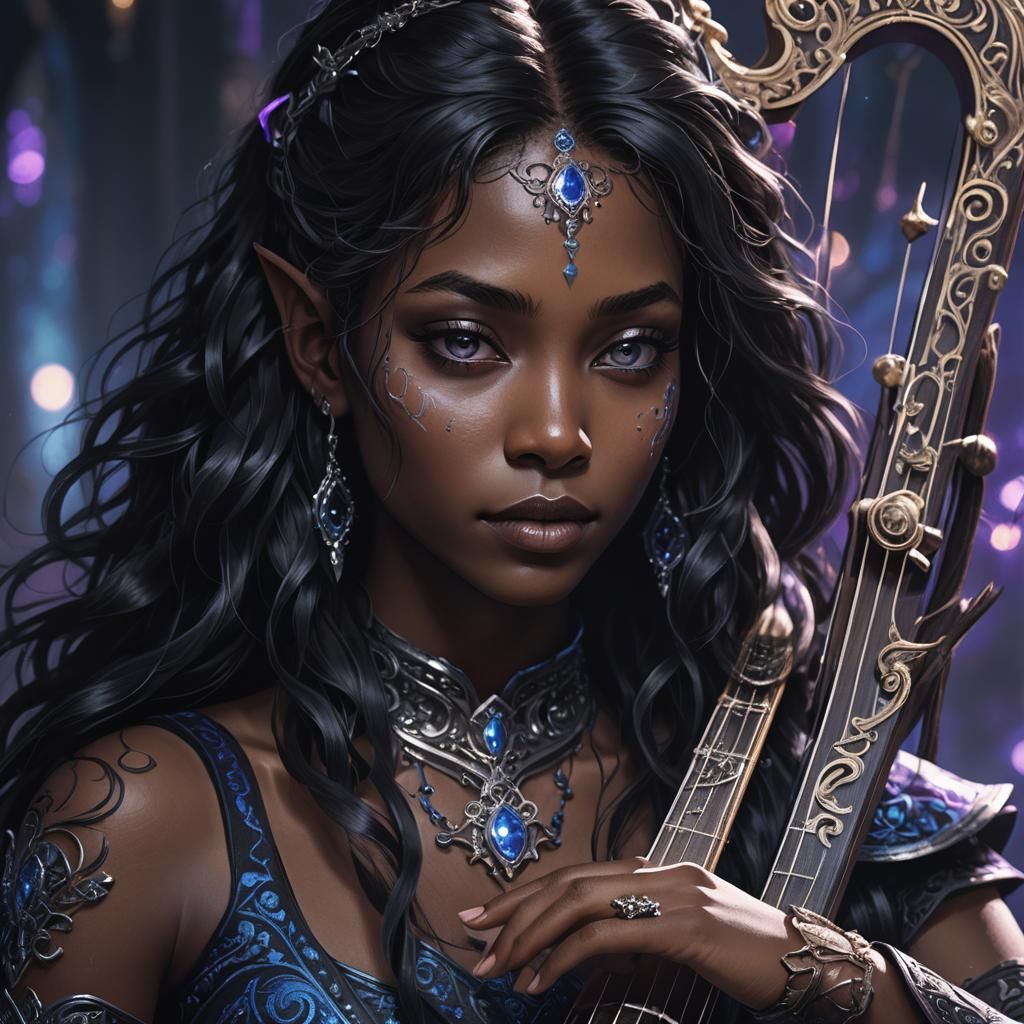 Dark Fantasy Bard with Lyre: Digital Art