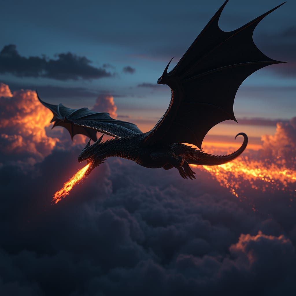 Majestic Black Dragon Ignites Night Sky with Golden Fire