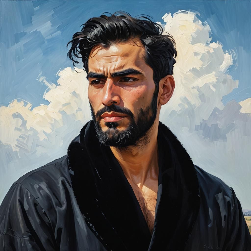 Pensive Man in Winter Landscape as Impasto Gouache