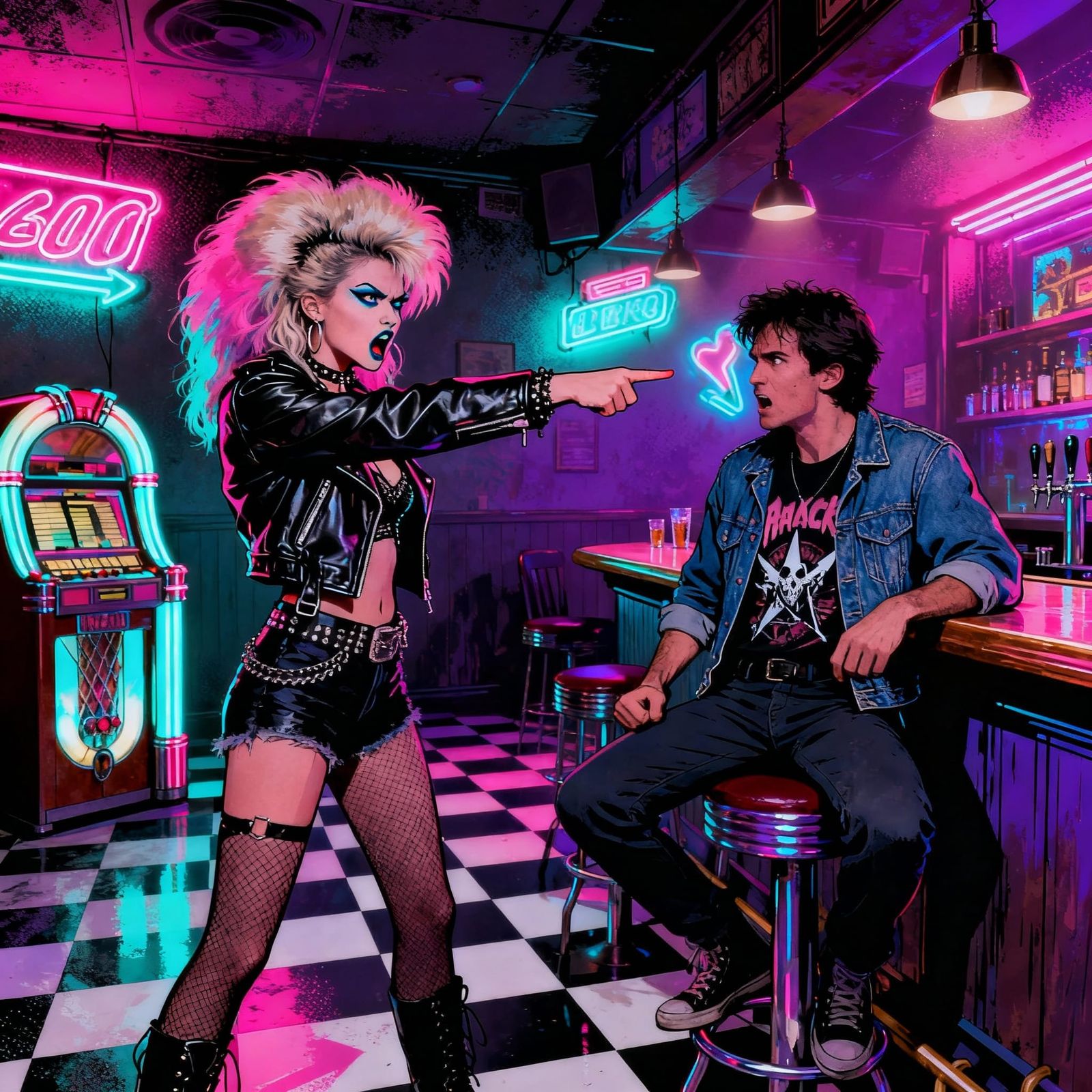 80s Rock Inspired Art: Woman Points at Man in Pub