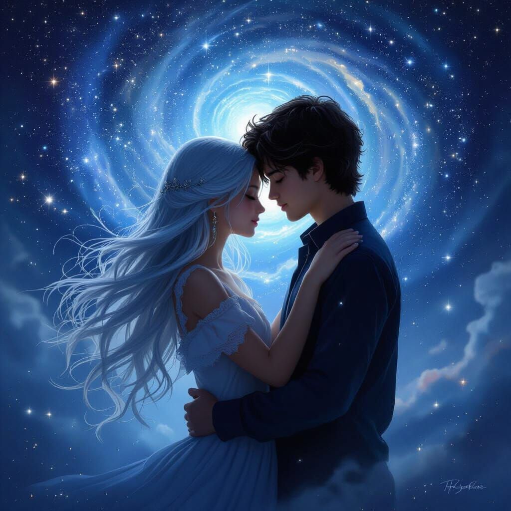 Lovers Embrace Under Starry Sky in Ethereal Fantasy Style
