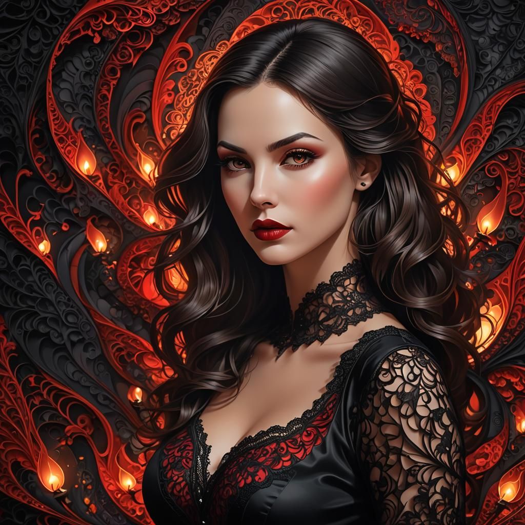 Hyperrealistic Vampire Brunette in Candlelit Bedroom