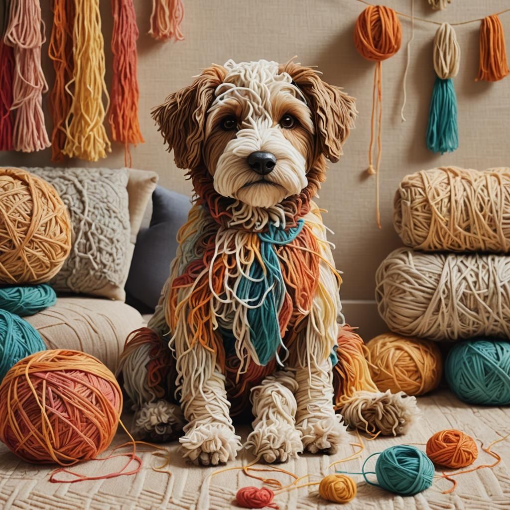 Whimsical Yarn-String Dog in Cozy Living Room
