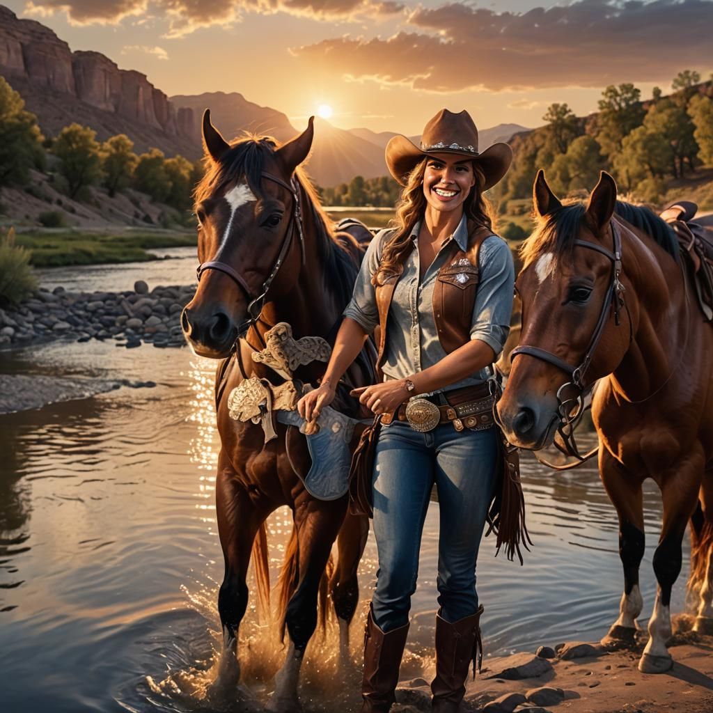 Muscular Cowgirl at Sunset: Hyperrealistic Digital Art