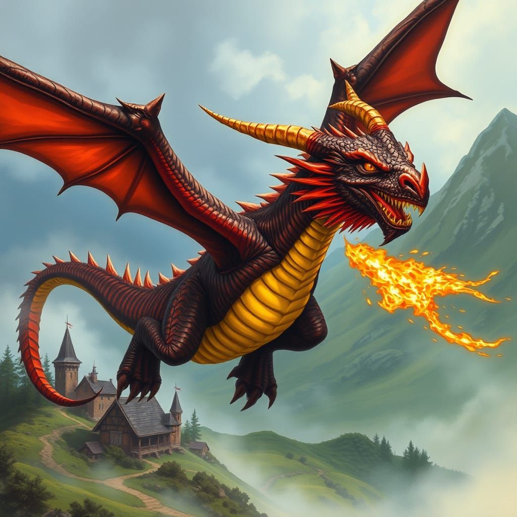 Red Dragon Over Elven Village in Fantasy Art Style