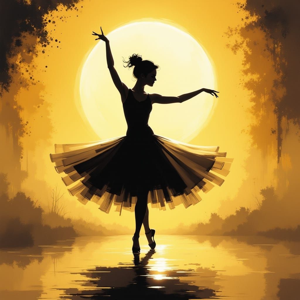 Dancer Silhouette in Golden Fog, Ink and Watercolor Style