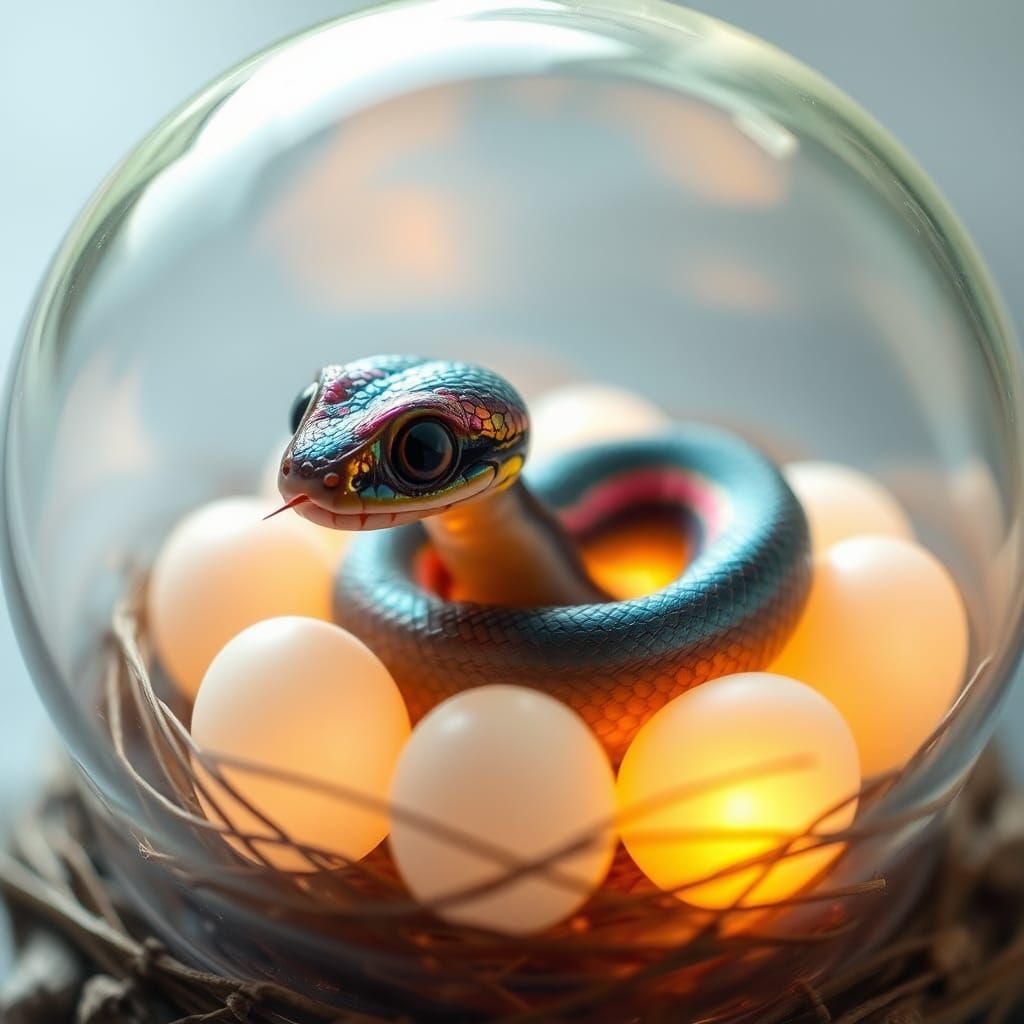 Iridescent Baby Snake in Glass Nest