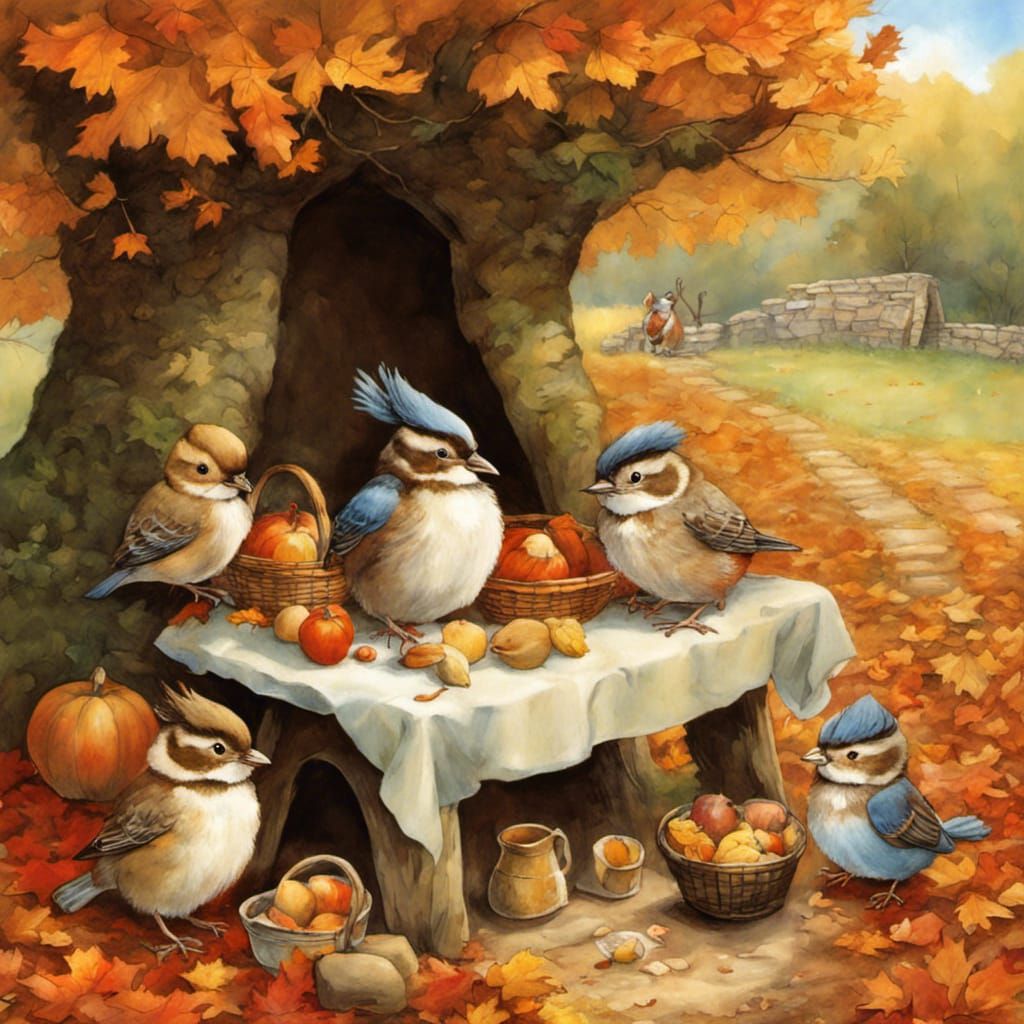 Autumn Picnic with Animals in Magic Realism Style