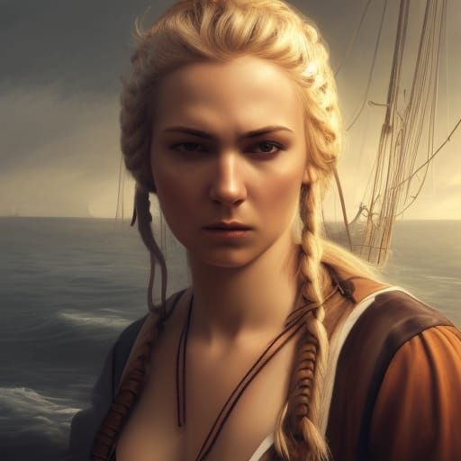 Female Pirate in 19th Century Harbour, Hyperrealistic Portra...