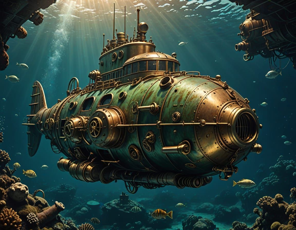 Steampunk Submarine Nautilus in Underwater Exploration