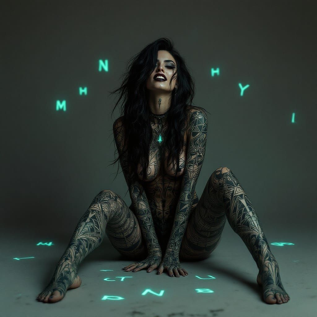 Tattooed Temptress with Sinister Grin in Surreal Style