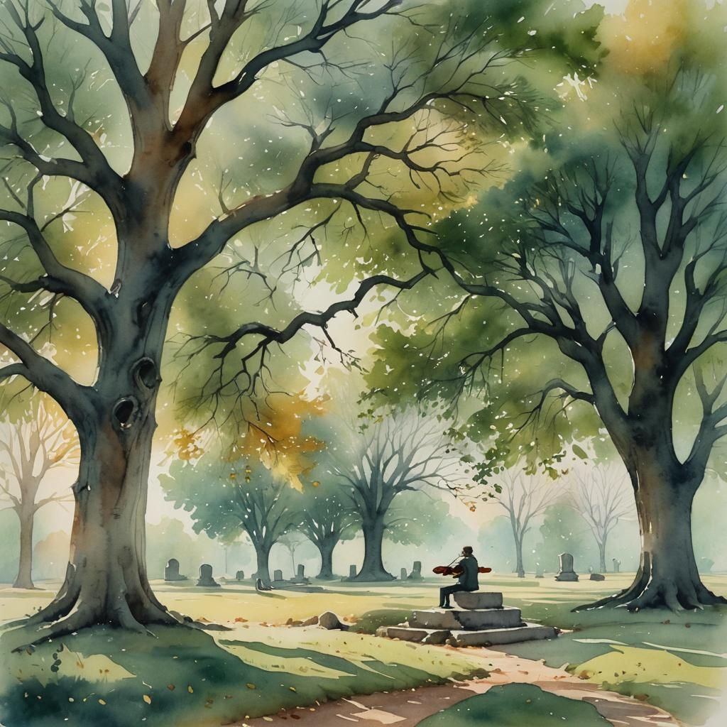 Violinist's Serenade: Watercolor Grave Scene in Turner Style