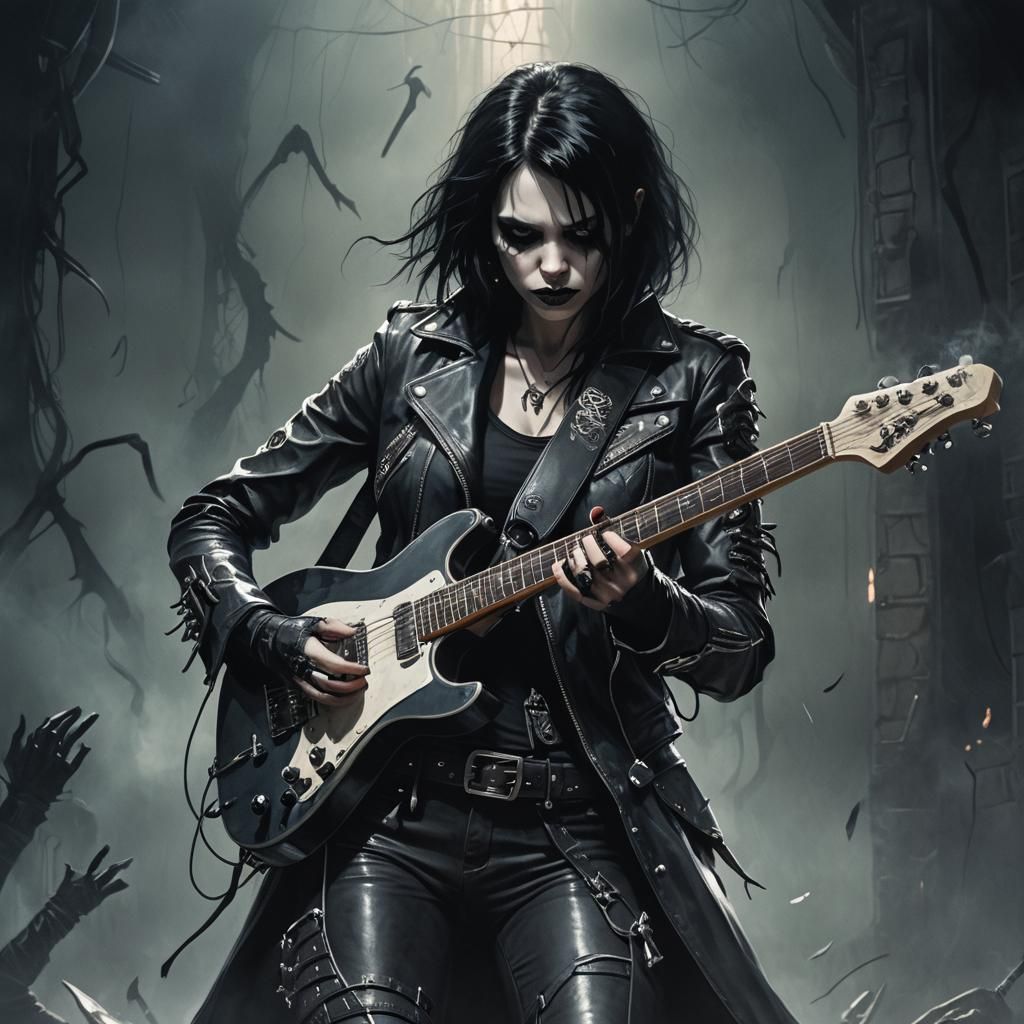 Gothic Woman Casting Spell with Electric Guitar