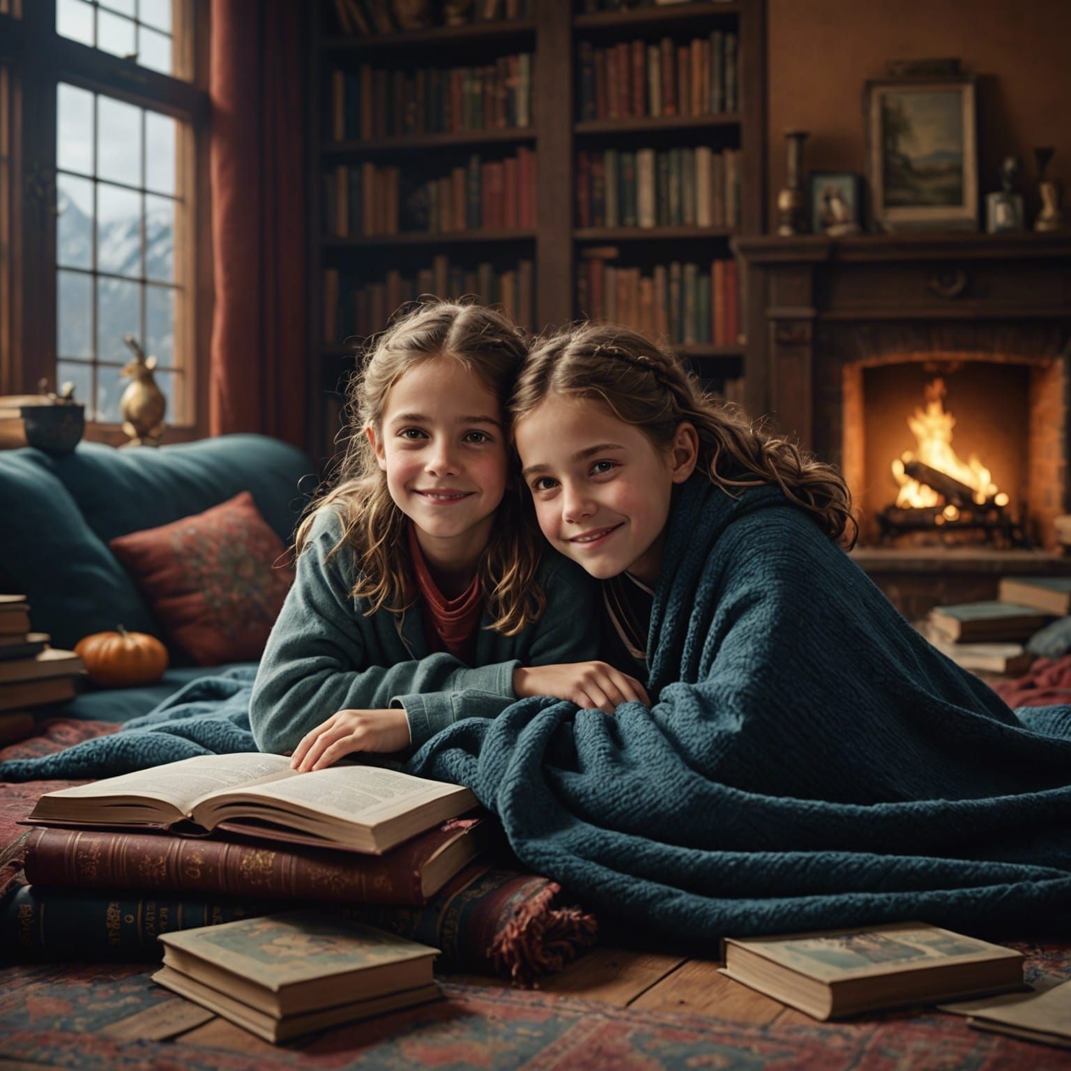 Cozy Siblings Reading in Hyperdetailed Interior