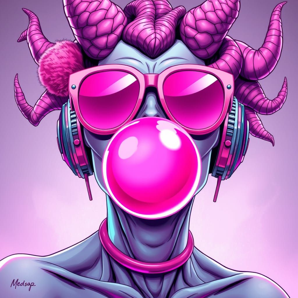 Medusa Blows Pink Bubblegum in Futuristic Neon Digital Art