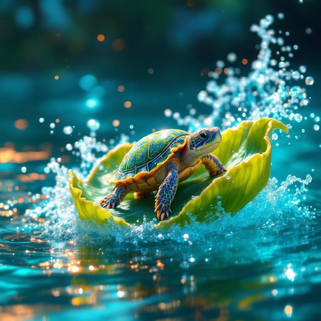 Fantastical Turtle Rides Crystal Wave on Vibrant Leaf
