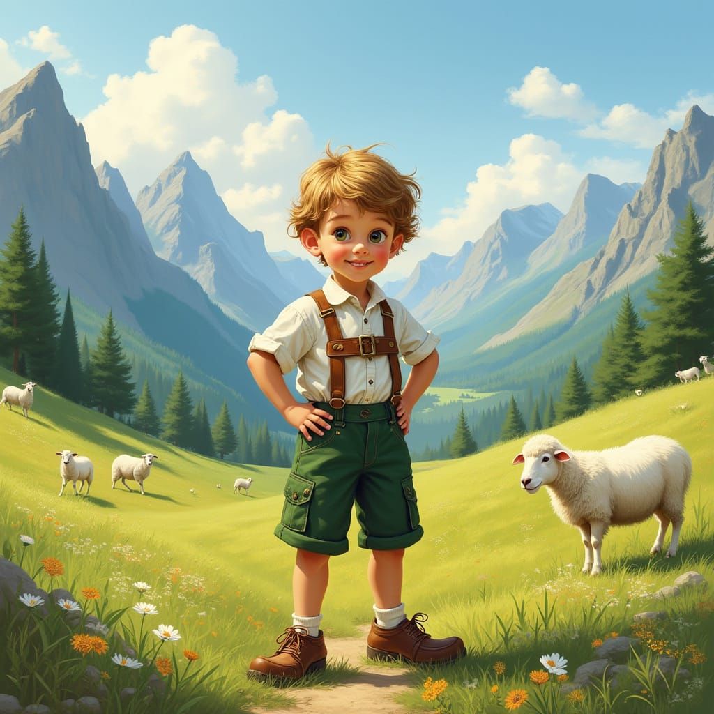 Cheerful Young Boy in Traditional Lederhosen, Standing in th...