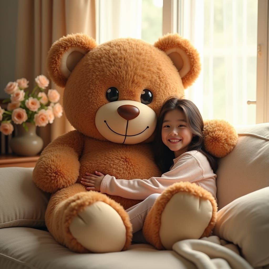 Giant Teddy Bear with Smiling Woman, Hyperrealistic Splash A...