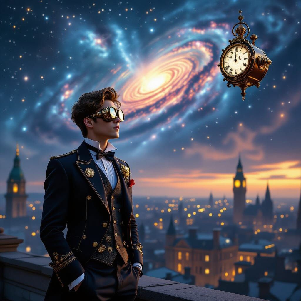 Steampunk Man on Rooftop Overlooking Victorian City
