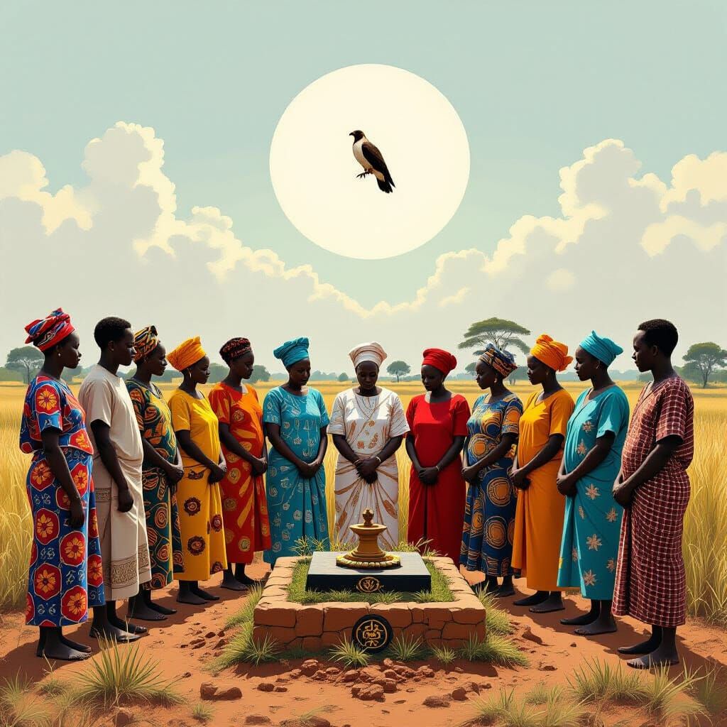 African Villagers Gather at Ancestral Grave in Earthy Tones