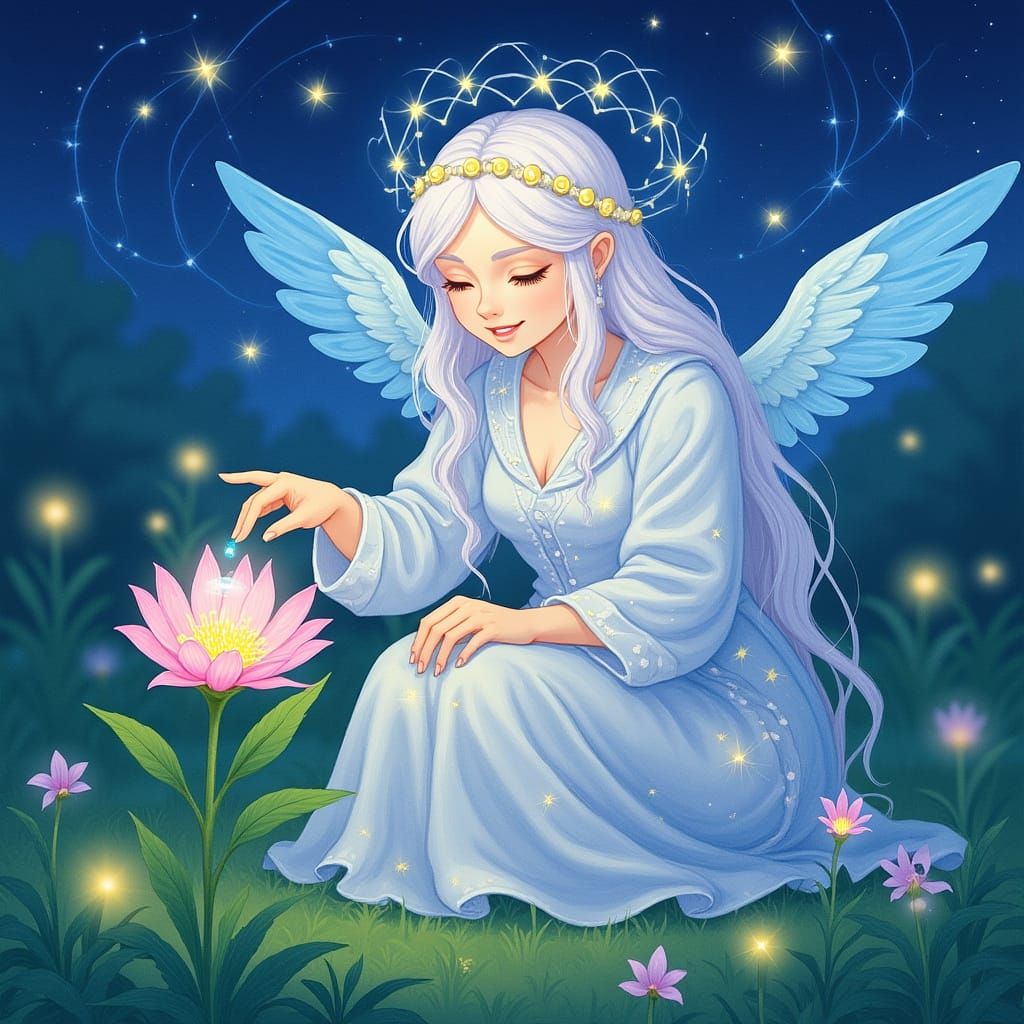 Celestial Being Touches Dewdrop on Mystical Flower