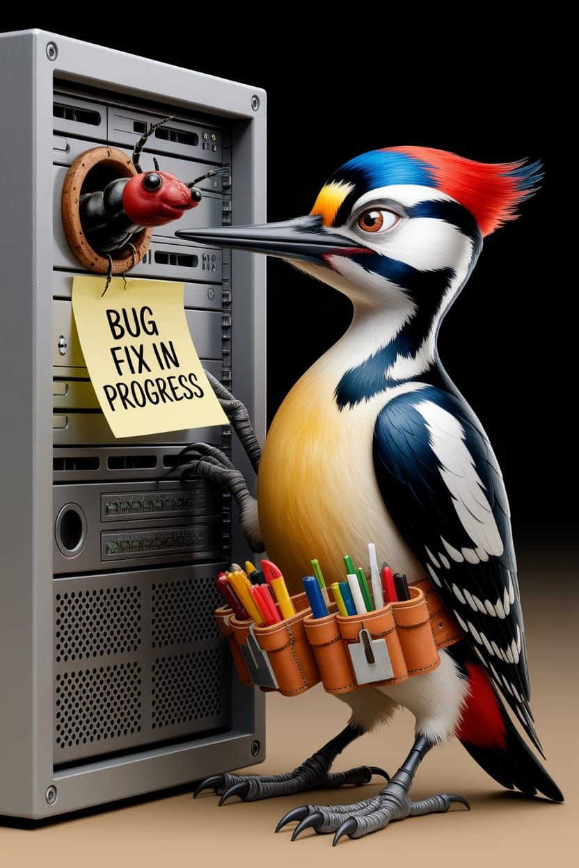 Woodpecker Fixing Computer Server with Bug Fix Note