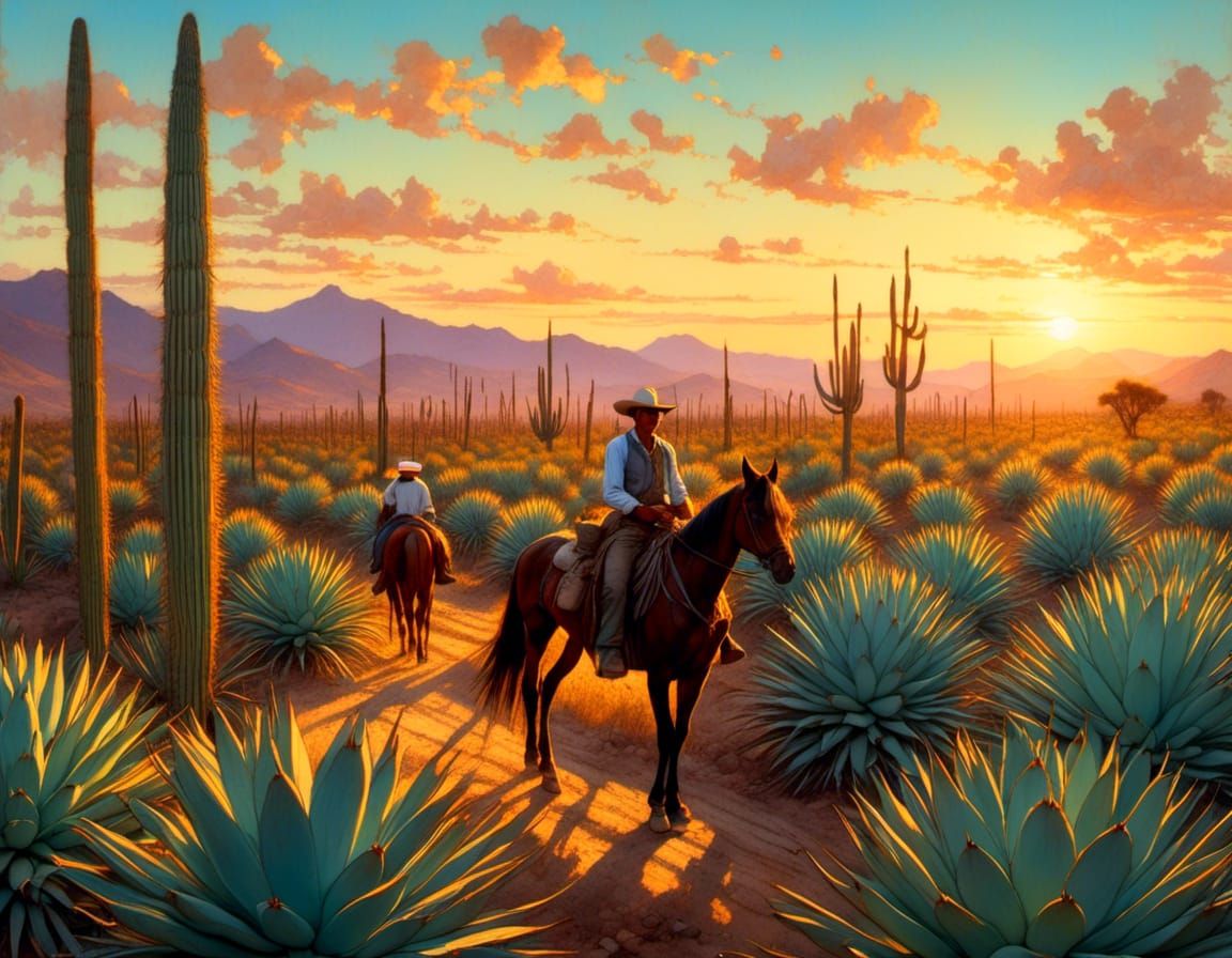 Mexican Farmer and Agave Sunrise, Oil Painting