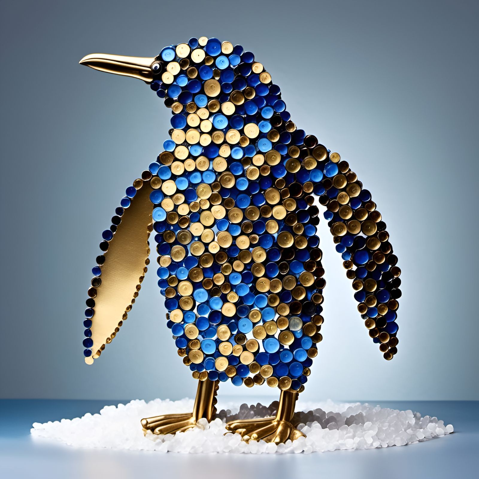 Golden Bottle Cap Penguin Sculpture