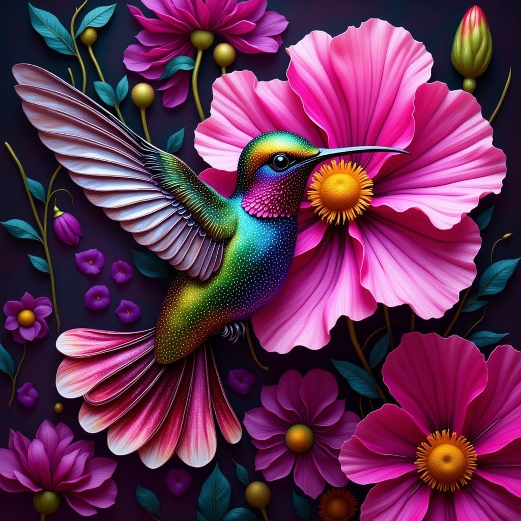 Hummingbird on Cosmos Flower in Ethereal Digital Art