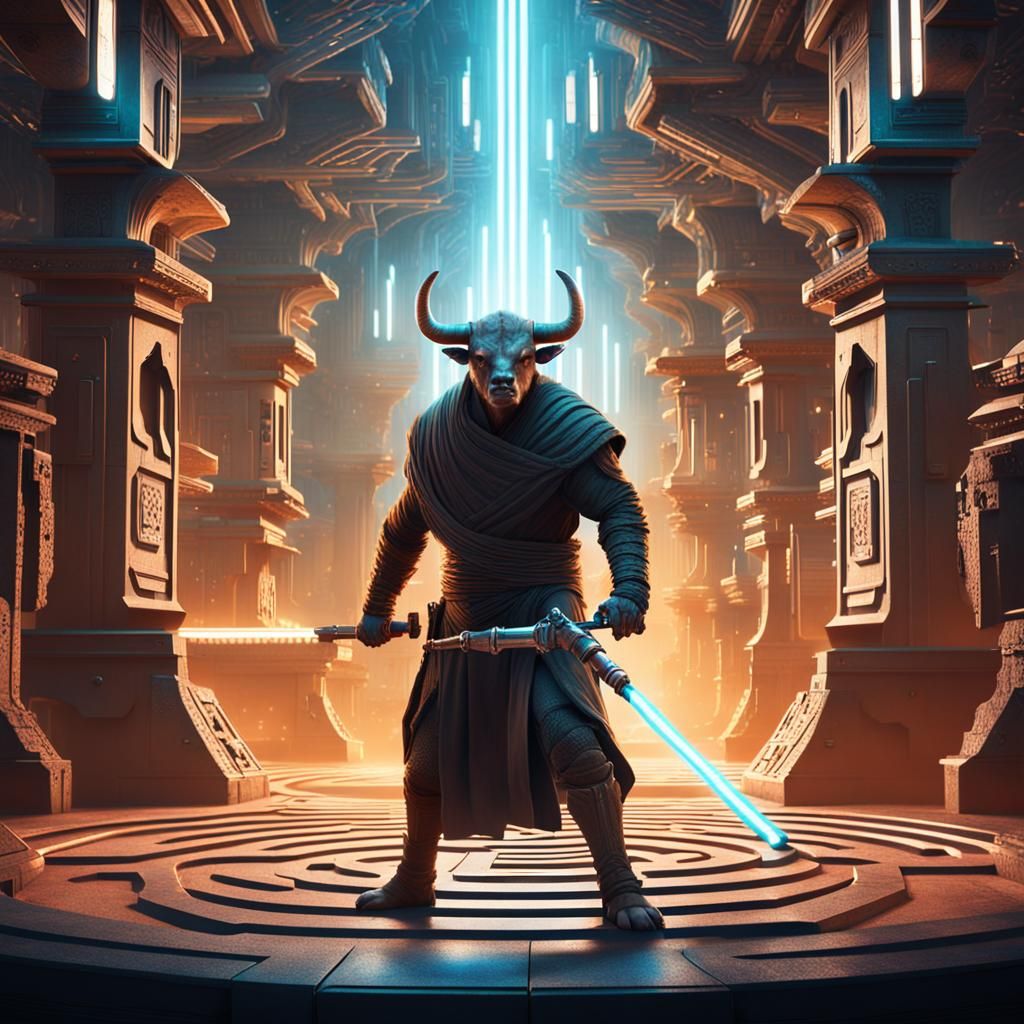 Minotaur Jedi Knight in Futuristic Labyrinth