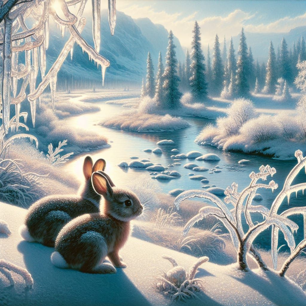 Bunnies Frolicking in Snowy Wilderness: Vintage Photography