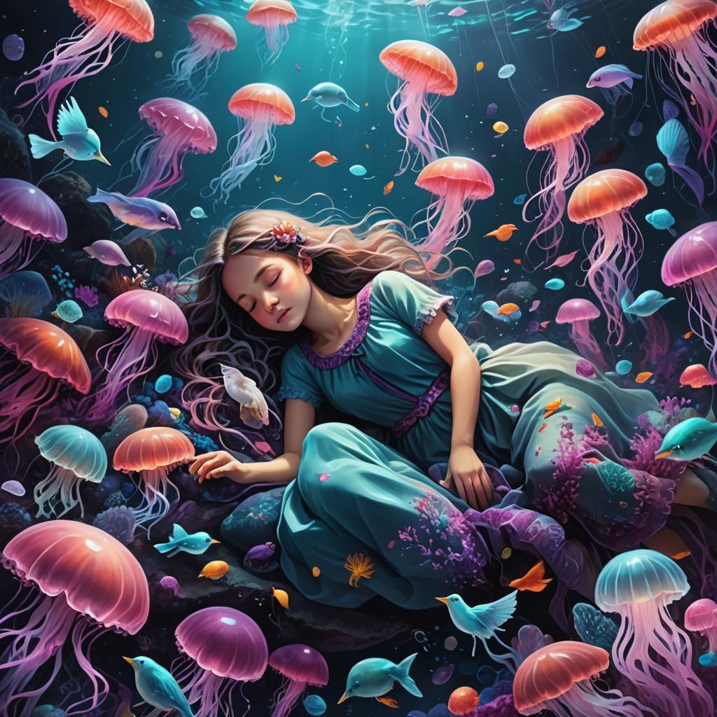 Girl Sleeping Under Ocean With Birds, Fantasy Concept