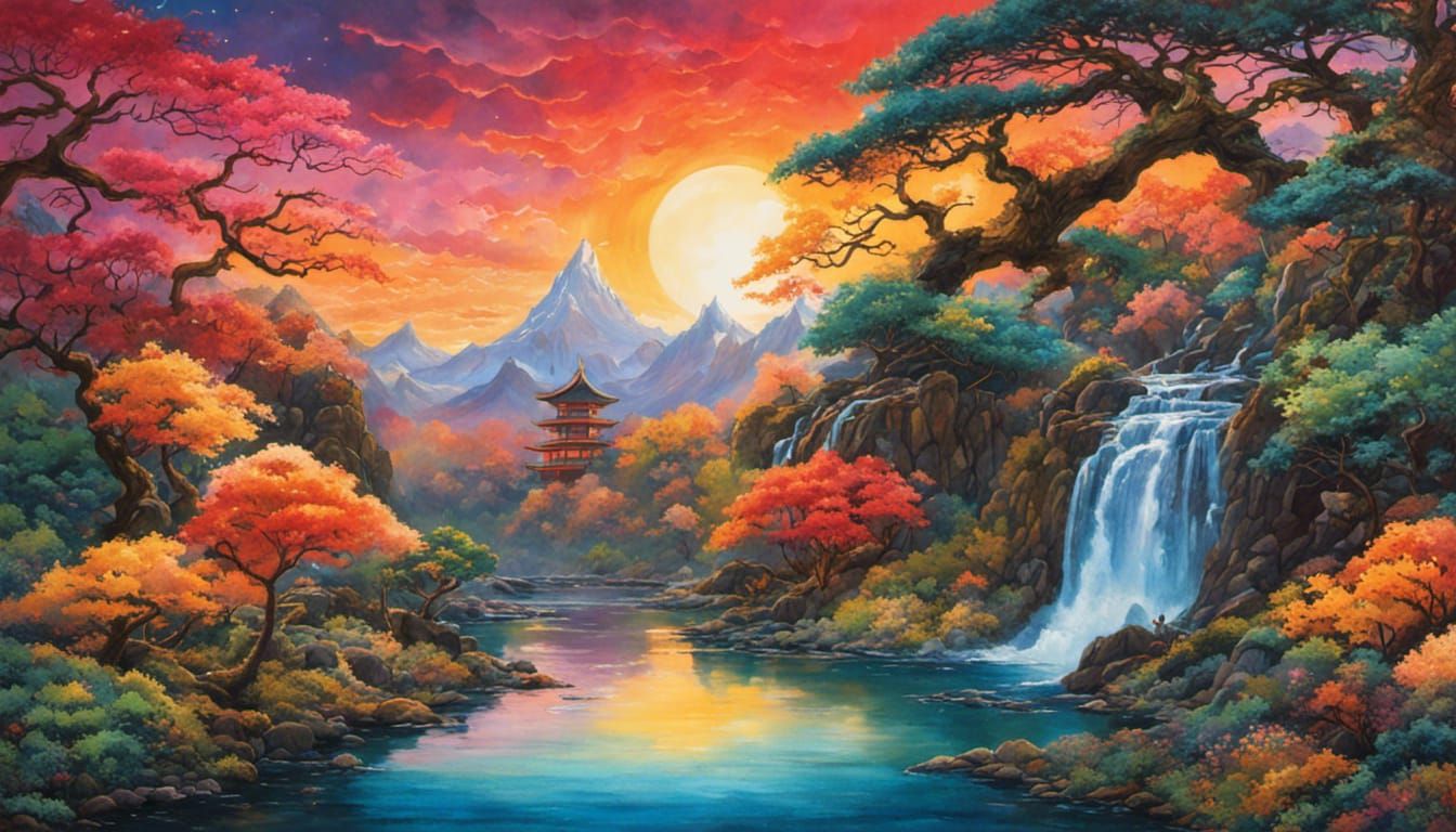 Japanese Bonsai Valley: Watercolor Gouache Landscape