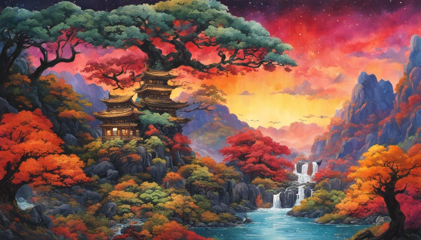 Lush Bonsai Valley Sunset in Watercolor Gouache