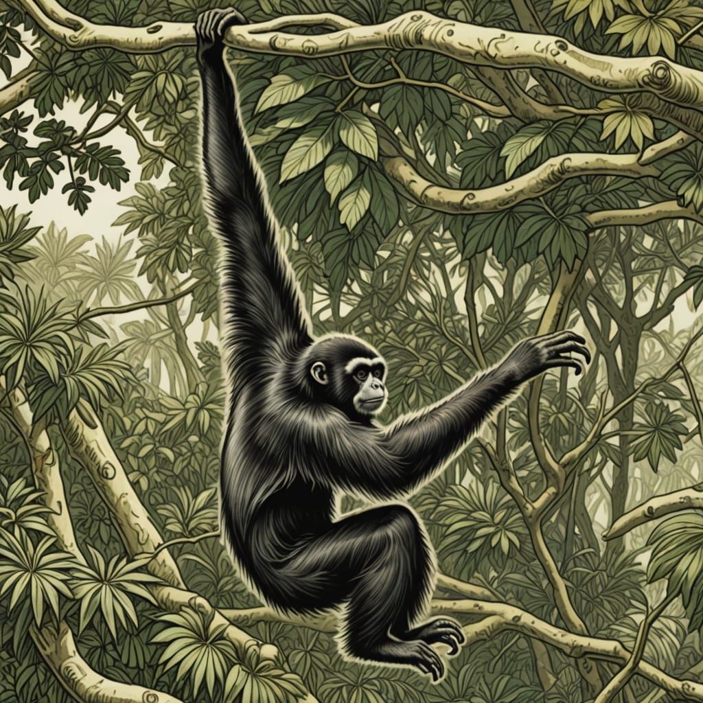 Masterful White Handed Gibbon Portrait in Traditional Comic ...