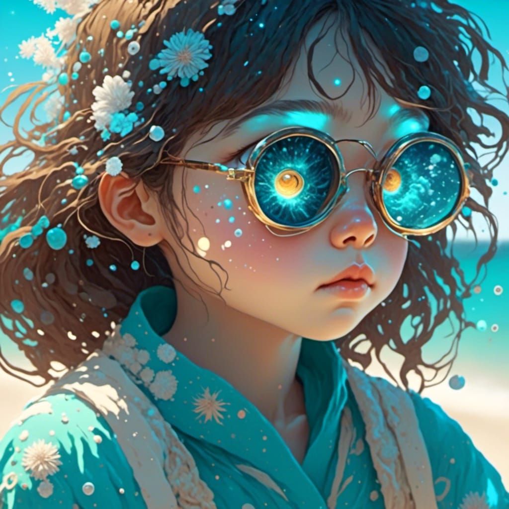 Japanese Woman with Blue Eyes on Sunny Beach