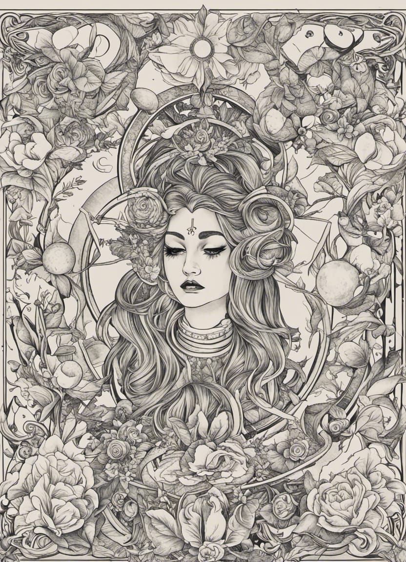 Astrological Woman Tattoo Flash Sheet in Anime Style