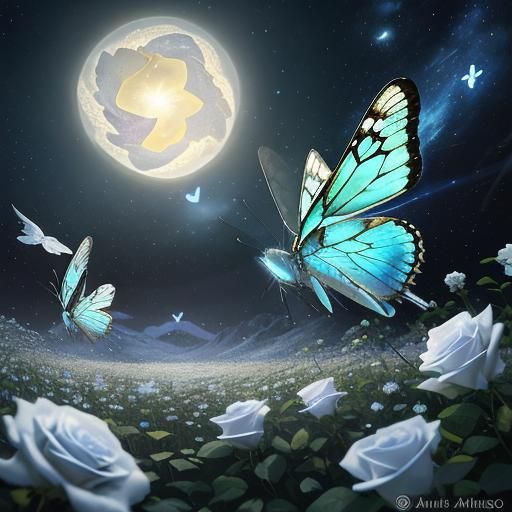 Butterflies and Roses at Night, Digital Matte Painting