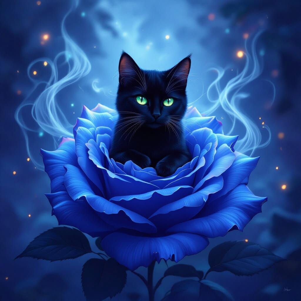 Black Cat in Blue Rose at Twilight