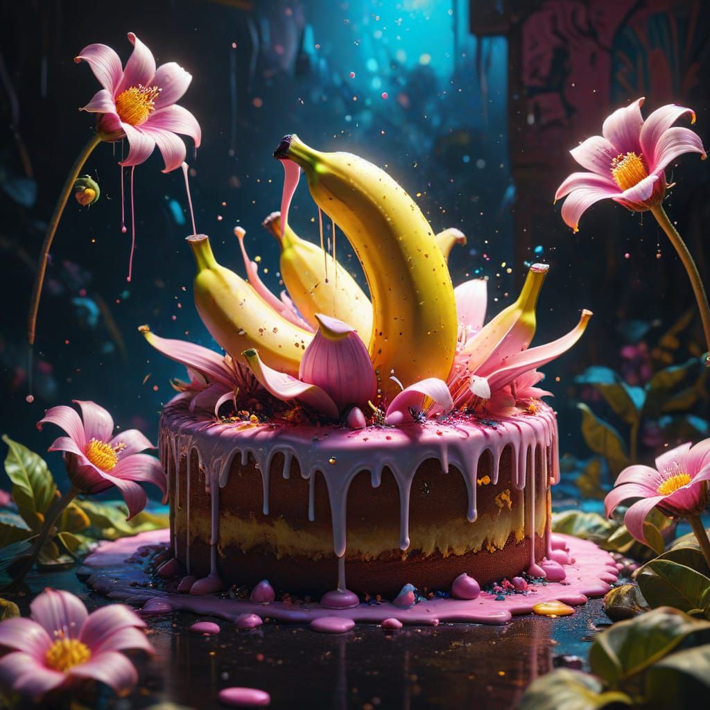 Pink Banana Bounces on Cake: Surreal Graffiti Art