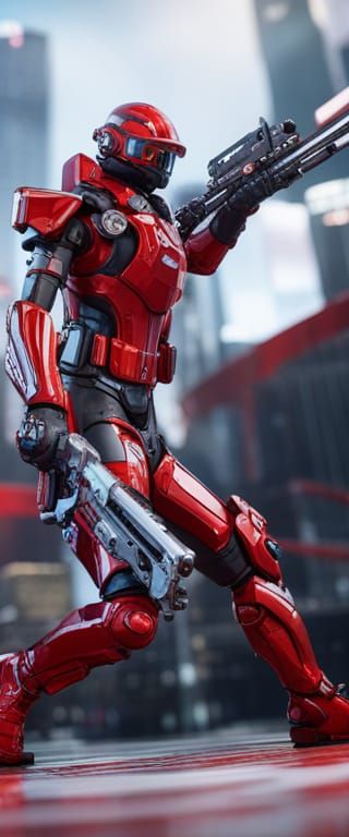 Cyberpunk Warrior with Red Suit and Motorcycle