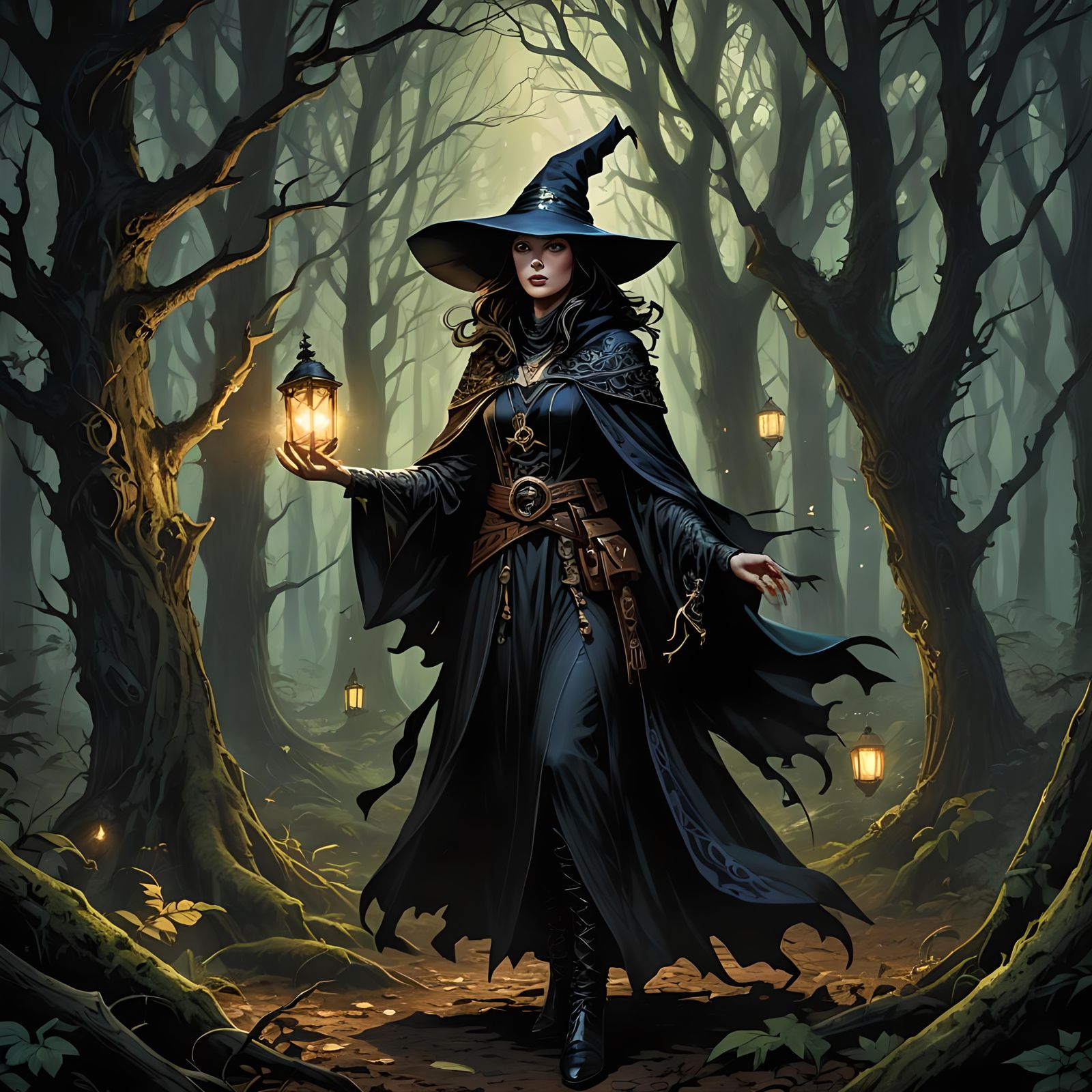 Sorceress Enters Dark Woods with Twinkling Lights
