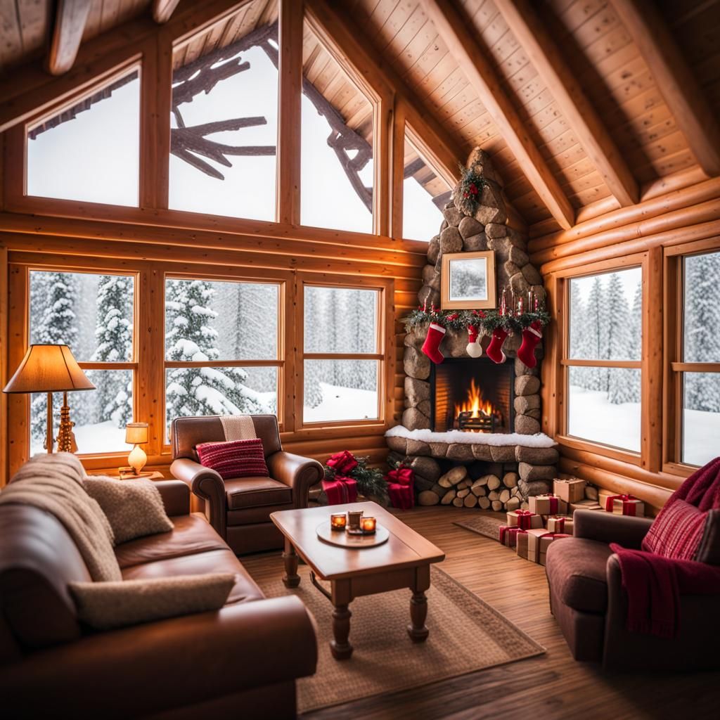 Cozy Christmas Cabin in Winter Snow