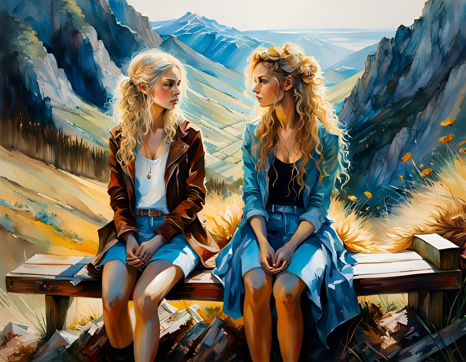 Girls on Mountain Bench: Oil Painting with Watercolor