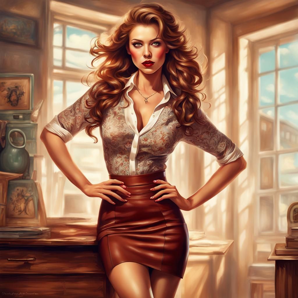 Gorgeous Pin-Up Woman in Miniskirt, Detailed Matte Painting