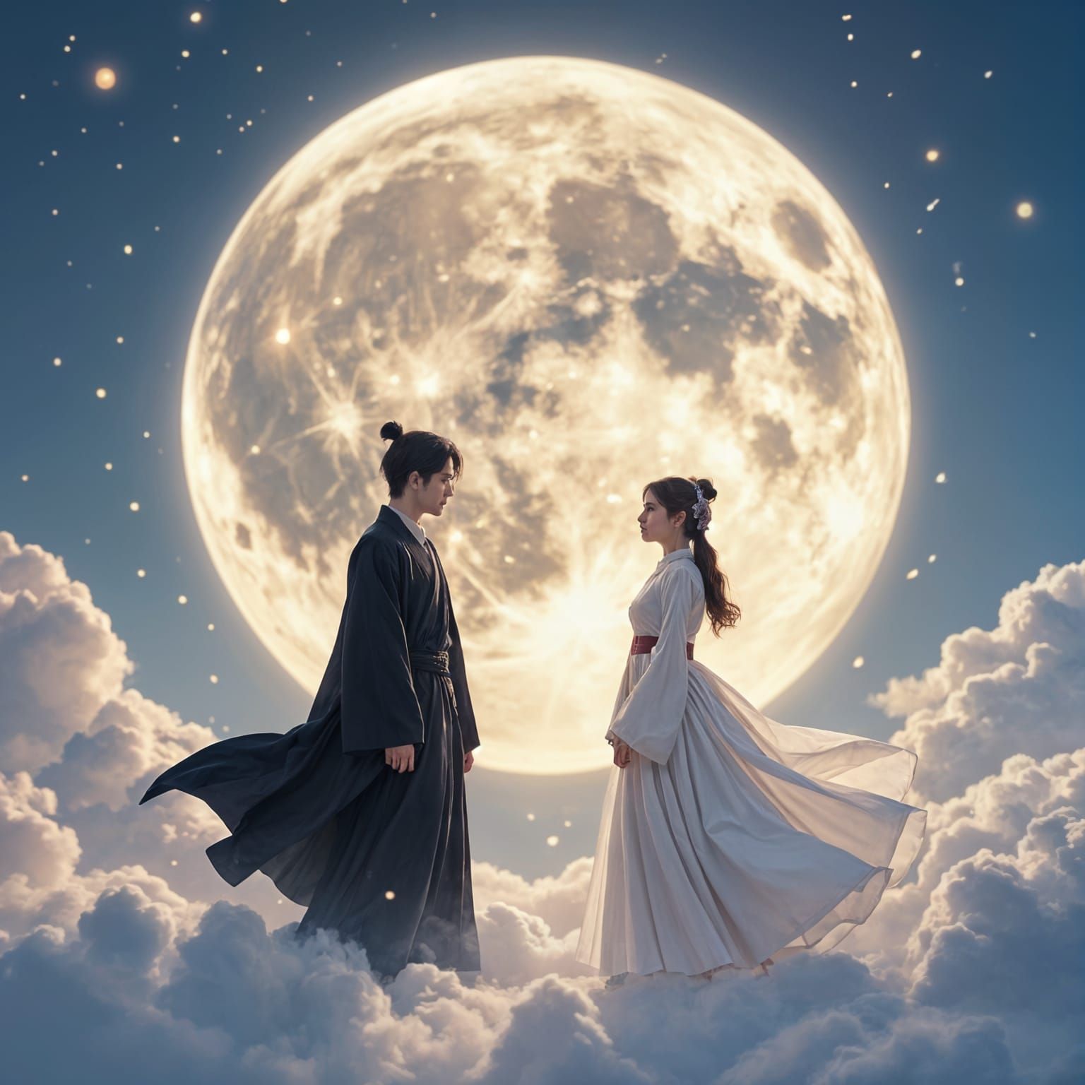 Couple in Fantasy Scene Under Giant Moon, 3D Illustration