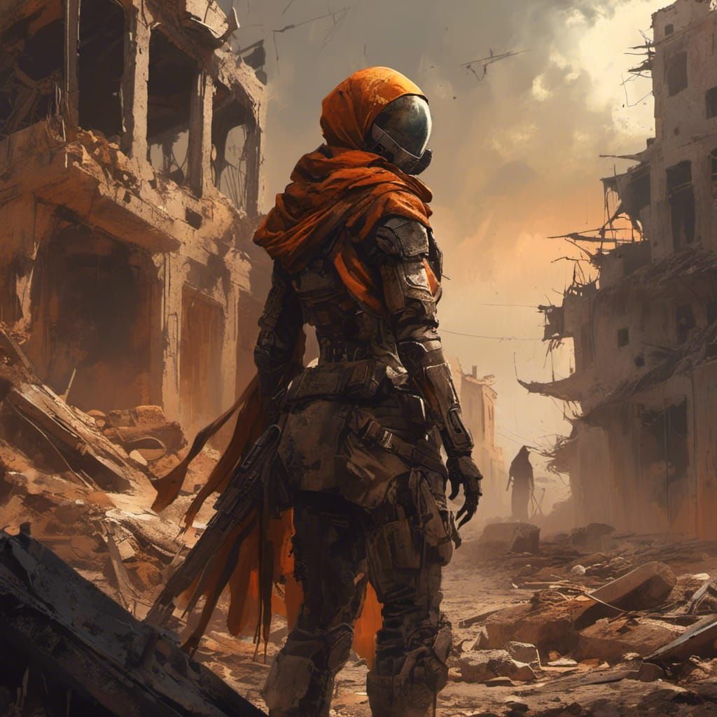 Dystopian Soldier in Ruined City: Film Noir Style
