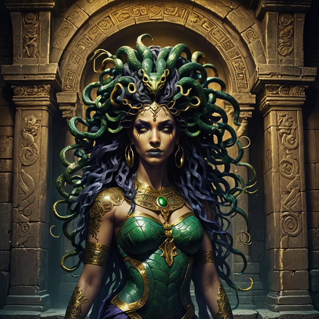 Medusa with Golden Tattoos in Dark Fantasy Art