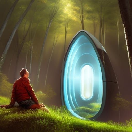 Futuristic Elevator Emerges in Forest, Detailed Fantasy Art