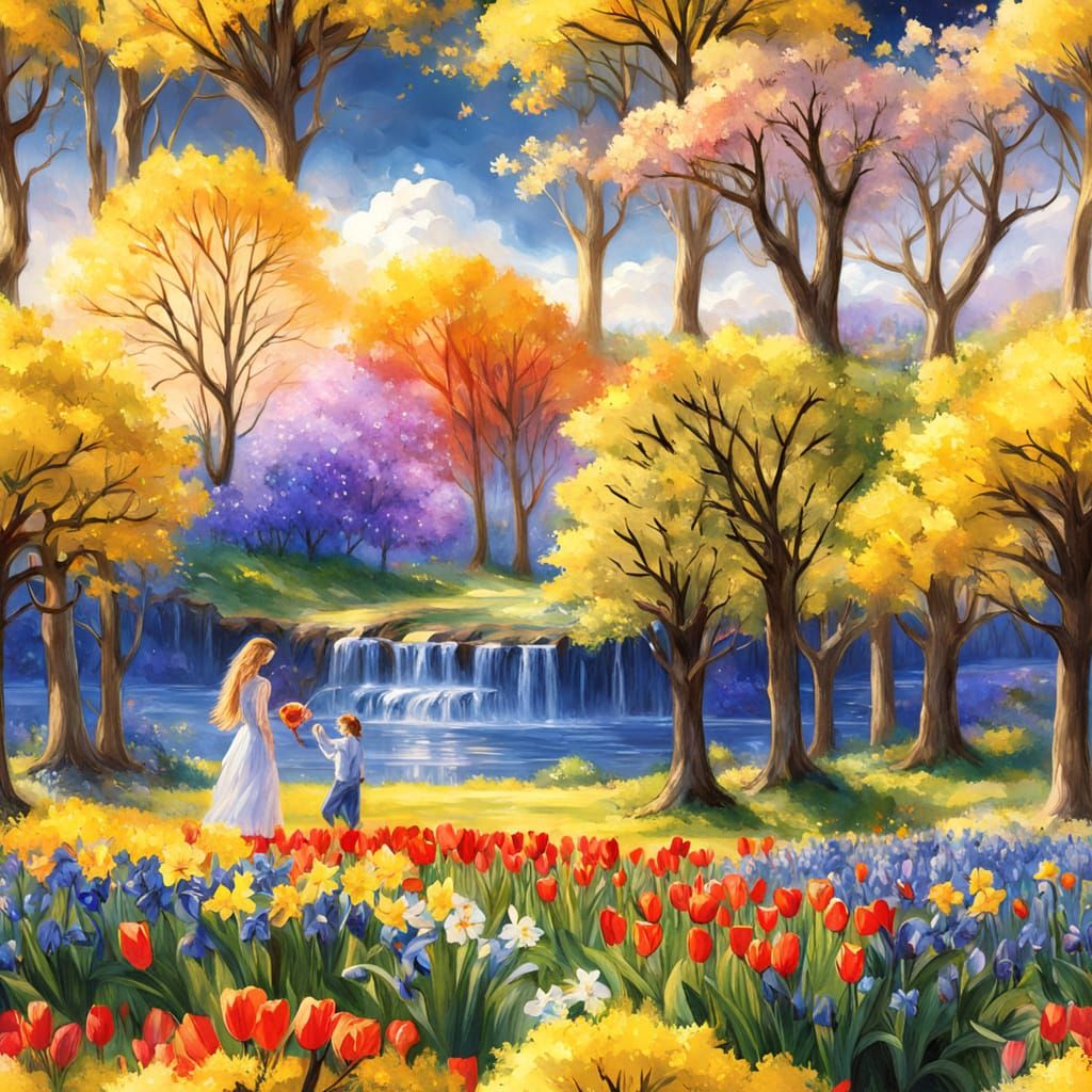 Whimsical Spring Meadow Scene in Hyper-Realistic Digital Art